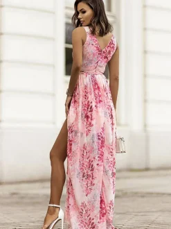 Floral Chiffon Maxi Dress for Women - Flowy V Neck High Slit Wrap Style Date Night Dress - Summer Garden Wedding Guest 2026