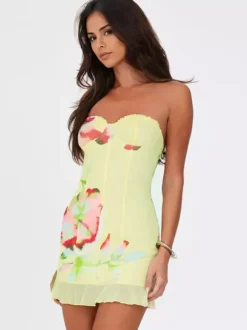 Floral Corset Mini Dress for Women - Yellow Sexy Strapless Backless Bodycon Ruffle Trim Party Gown - Summer Beach 2026