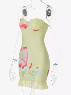 Floral Corset Mini Dress for Women - Yellow Sexy Strapless Backless Bodycon Ruffle Trim Party Gown - Summer Beach 2026