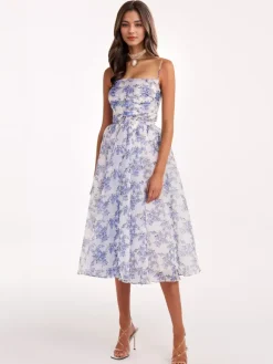Floral Dress Spaghetti Strap Backless Lace Up Birthday Party Midi Dresses