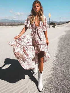Floral High Low Boho Dress for Women - Cream Pink Cut Out Tie Front Flutter Sleeve Long Dress - Summer Beach Holiday 2026