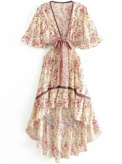 Floral High Low Boho Dress for Women - Cream Pink Cut Out Tie Front Flutter Sleeve Long Dress - Summer Beach Holiday 2026