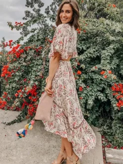 Floral High Low Boho Dress for Women - Cream Pink Cut Out Tie Front Flutter Sleeve Long Dress - Summer Beach Holiday 2026