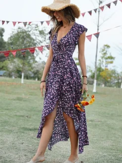 Floral High Low Wrap Dress for Women - Flutter Sleeve V Neck Ruffle Hem Long Dress - Summer Garden Wedding Guest 2026