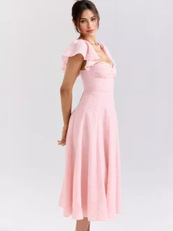 Floral Jacquard Soft Pink Dress With Butterfly Sleeve A-line Midi Party Dress For Women 2026