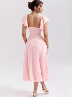 Floral Jacquard Soft Pink Dress With Butterfly Sleeve A-line Midi Party Dress For Women 2026
