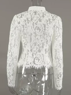 Floral Lace Blouse Women's Elegant Button Up Top - White Stand Collar Slim Fit - Spring Night Party Wear 2026