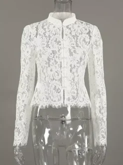 Floral Lace Blouse Women's Elegant Button Up Top - White Stand Collar Slim Fit - Spring Night Party Wear 2026