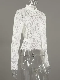 Floral Lace Blouse Women's Elegant Button Up Top - White Stand Collar Slim Fit - Spring Night Party Wear 2026