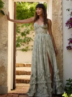 Floral Layered Ruffles Maxi Party Dress High Slit Strap Dress 2026