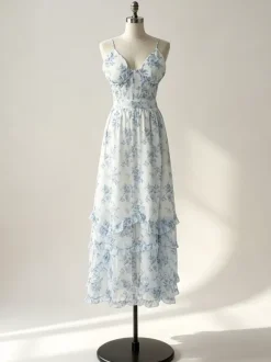 Floral Layered Ruffles Maxi Party Dress High Slit Strap Dress 2026