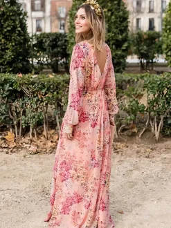 Floral Maxi Dress for Women - Pink Wrap V Neck Lantern Sleeve Long Dress - Spring Garden Wedding Guest 2026