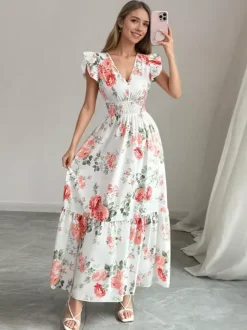 Floral Maxi Dress For Women - Smocked Waist V Neck Tiered Sun Dress - Summer Wedding Guest Party 2026