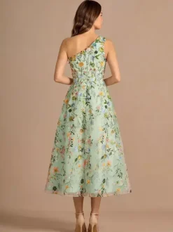 Floral One Shoulder Sleeveless Homecoming Dress Tea-Length A-Line Embroidered Lace