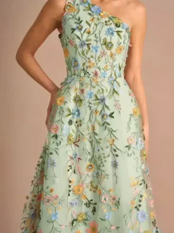 Floral One Shoulder Sleeveless Homecoming Dress Tea-Length A-Line Embroidered Lace