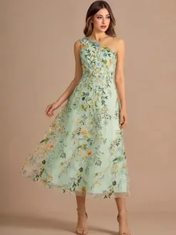 Floral One Shoulder Sleeveless Homecoming Dress Tea-Length A-Line Embroidered Lace