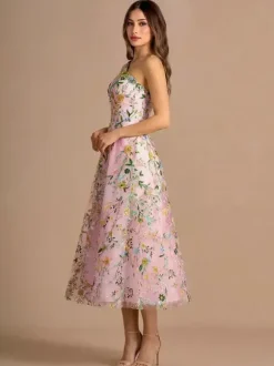 Floral One Shoulder Sleeveless Homecoming Dress Tea-Length A-Line Embroidered Lace