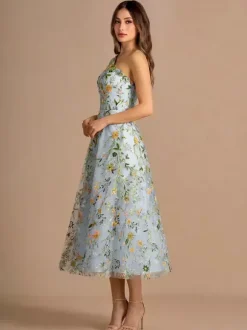 Floral One Shoulder Sleeveless Homecoming Dress Tea-Length A-Line Embroidered Lace