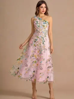 Floral One Shoulder Sleeveless Homecoming Dress Tea-Length A-Line Embroidered Lace