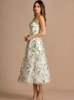 Floral One Shoulder Sleeveless Homecoming Dress Tea-Length A-Line Embroidered Lace