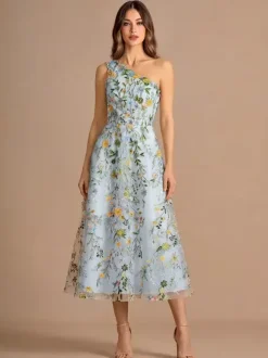 Floral One Shoulder Sleeveless Homecoming Dress Tea-Length A-Line Embroidered Lace