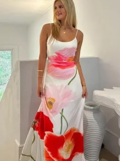 Floral Print Bodycon Maxi Slip Dress for Women - Spaghetti Strap Slim Fit Mermaid Sundress - Summer Beach Resort 2026