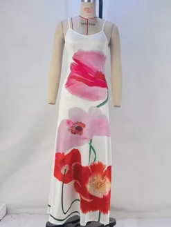 Floral Print Bodycon Maxi Slip Dress for Women - Spaghetti Strap Slim Fit Mermaid Sundress - Summer Beach Resort 2026