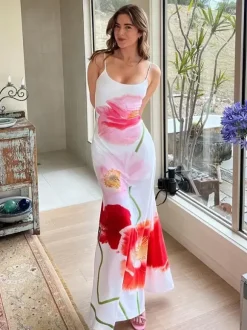 Floral Print Bodycon Maxi Slip Dress for Women - Spaghetti Strap Slim Fit Mermaid Sundress - Summer Beach Resort 2026