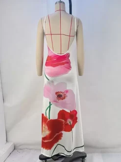 Floral Print Bodycon Maxi Slip Dress for Women - Spaghetti Strap Slim Fit Mermaid Sundress - Summer Beach Resort 2026
