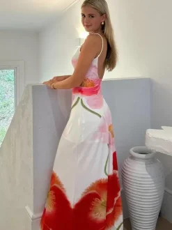 Floral Print Bodycon Maxi Slip Dress for Women - Spaghetti Strap Slim Fit Mermaid Sundress - Summer Beach Resort 2026
