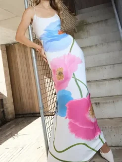 Floral Print Bodycon Maxi Slip Dress for Women - Spaghetti Strap Slim Fit Mermaid Sundress - Summer Beach Resort 2026