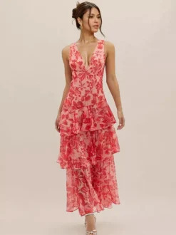 Floral Printed Layered Ruffle Long Dress With Deep V-Neck And Open Back 2026