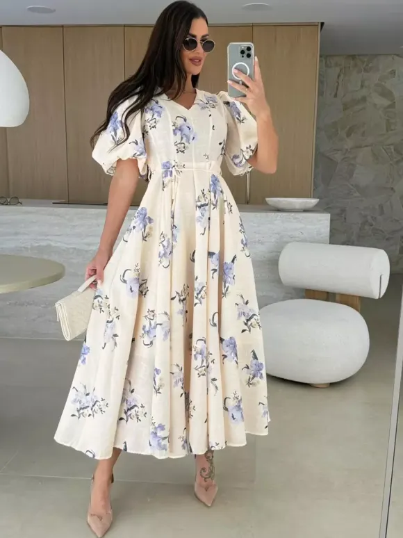 Floral Print Long Dress With Puff Sleeves For Women 2026