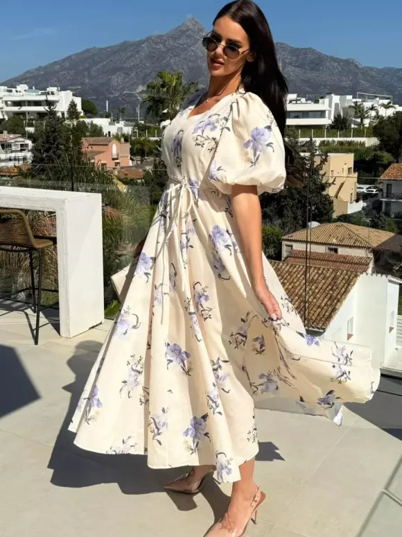 Floral Print Long Dress With Puff Sleeves For Women 2026