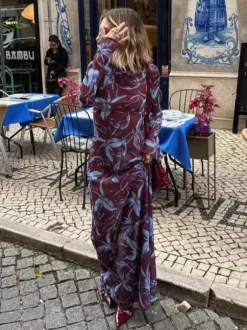 Floral Print Long Sleeve Slim Fit Maxi Bodycon Retro Dress For Women 2026