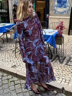 Floral Print Long Sleeve Slim Fit Maxi Bodycon Retro Dress For Women 2026