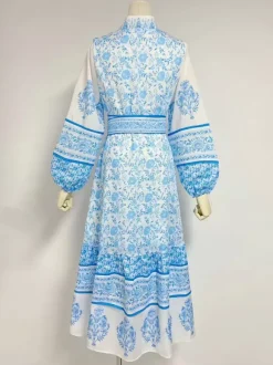 Floral Print Midi Dress for Women - Lantern Sleeve Stand Collar A-Line Belted Folklore Gown - Spring Garden Party 2026