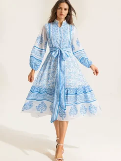 Floral Print Midi Dress for Women - Lantern Sleeve Stand Collar A-Line Belted Folklore Gown - Spring Garden Party 2026