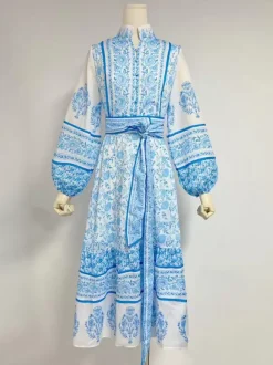 Floral Print Midi Dress for Women - Lantern Sleeve Stand Collar A-Line Belted Folklore Gown - Spring Garden Party 2026