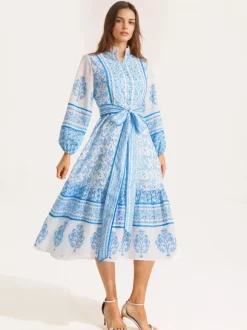 Floral Print Midi Dress for Women - Lantern Sleeve Stand Collar A-Line Belted Folklore Gown - Spring Garden Party 2026