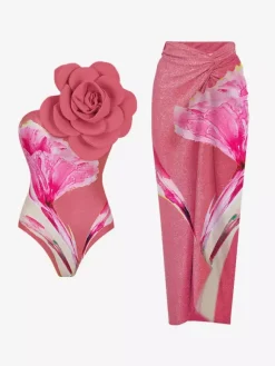 Floral Print 2 Piece Swimsuit Set For Women - 3D Flower Monokini With Maxi Sarong Skirt Cover Up - Summer Beach Resort 2026