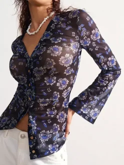 Floral Print Ruched Button Up Long Sleeve Slim Fit Shirt For Women 2026