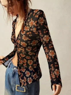 Floral Print Ruched Button Up Long Sleeve Slim Fit Shirt For Women 2026