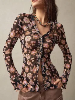 Floral Print Ruched Button Up Long Sleeve Slim Fit Shirt For Women 2026