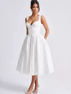 Floral Print Sweetheart Neckline A-line Midi Dress For Summer 2026