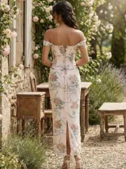 Floral Print Vintage Corset Bodycon Maxi Dress With Lace Trim For Women 2026