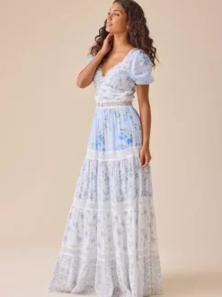 Floral Puff Sleeve Maxi Dress For Women - Boho Lace Trim Tiered Ruffle Long Sundress - Summer Beach Party 2026