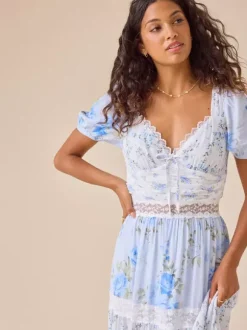 Floral Puff Sleeve Maxi Dress For Women - Boho Lace Trim Tiered Ruffle Long Sundress - Summer Beach Party 2026