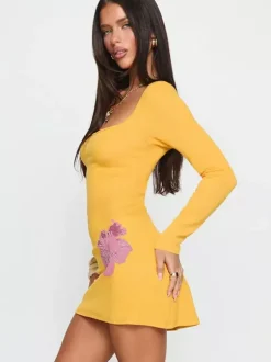 Floral Rhinestone Ribbed Dress For Women - Yellow Long Sleeve Square Neck Bodycon Mini Dress - Spring Casual Streetwear 2026