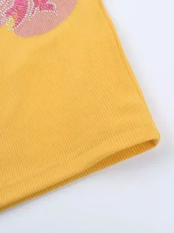 Floral Rhinestone Ribbed Dress For Women - Yellow Long Sleeve Square Neck Bodycon Mini Dress - Spring Casual Streetwear 2026